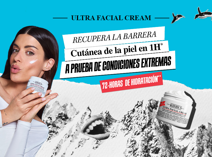 Envase de crema Kiehl's con diseño colorido, destacando sus beneficios de hidratación y rápida absorción.